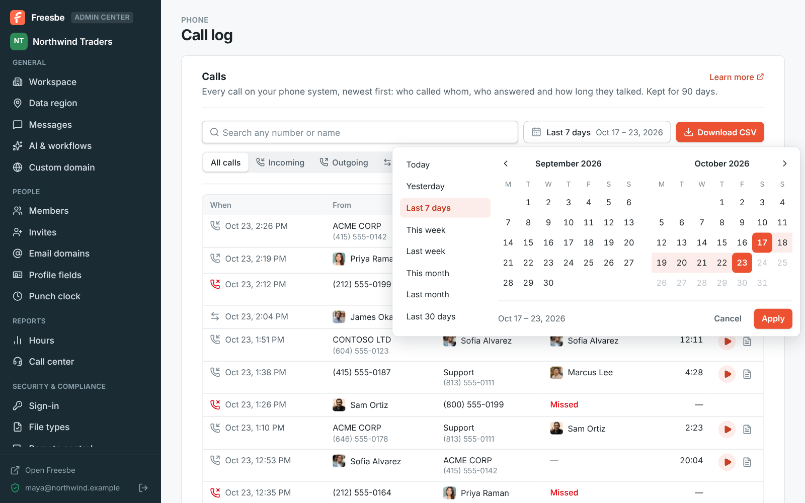 The call log’s calendar: pick the first and last day, or a range like this week or last month