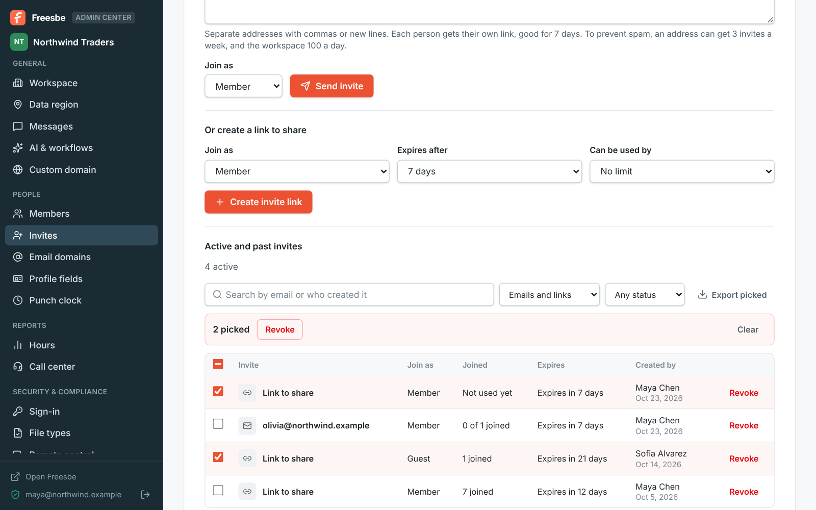 The Admin Center’s Invites table, searched and filtered, with several invites ticked to revoke