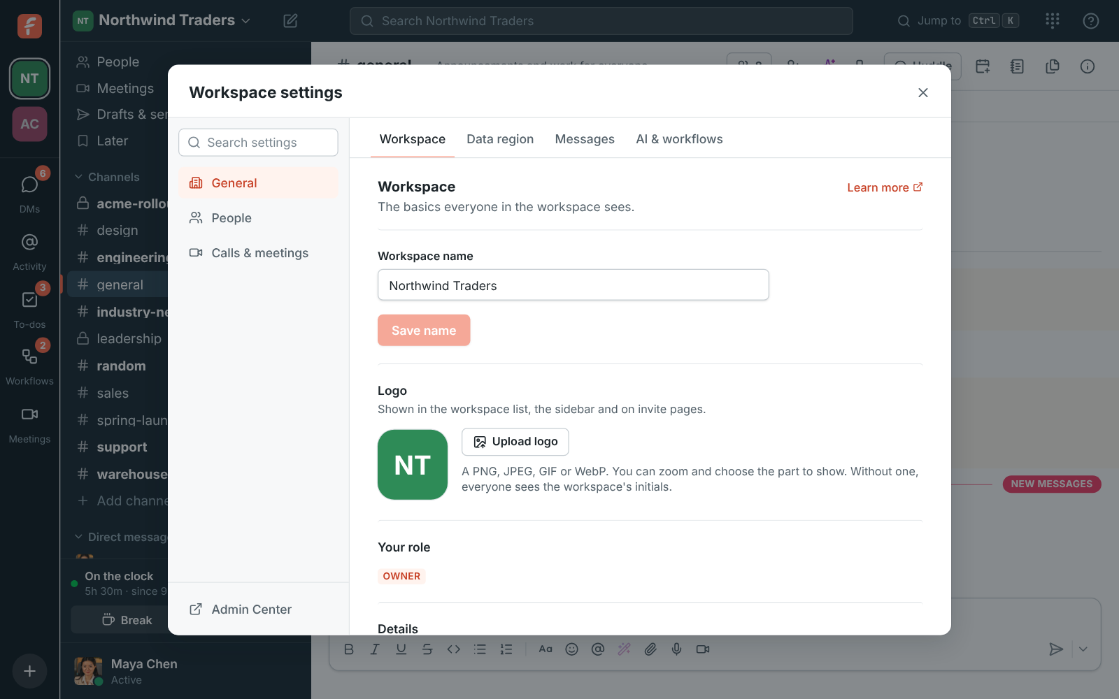 Workspace settings in the app with General, People and Calls & meetings, and an Admin Center link at the bottom of the list