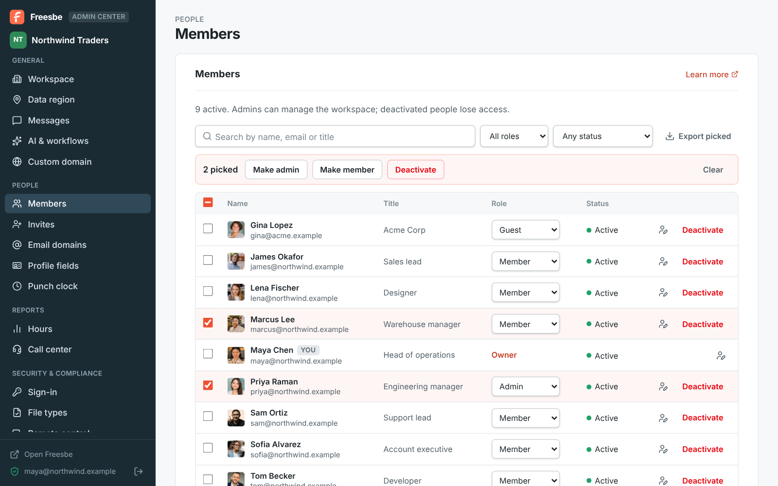 The Admin Center’s Members table with two people picked and the bar that changes them at once