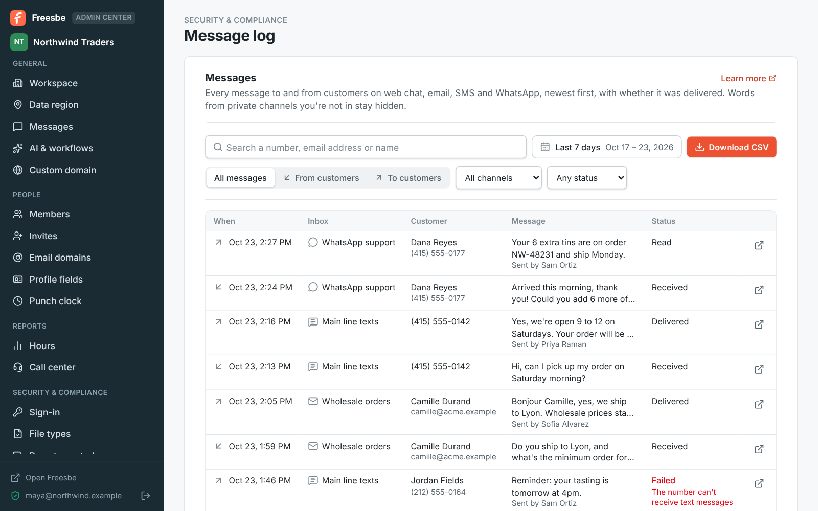 The Admin Center’s Message log: messages from and to customers on web chat, email, SMS and WhatsApp, with one that failed