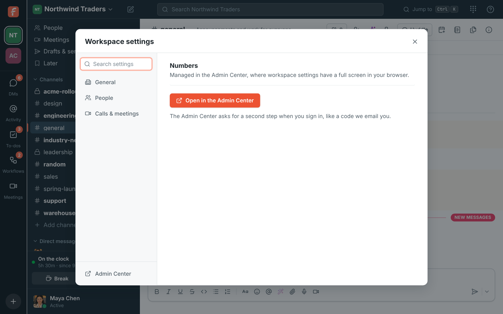 Workspace settings in the app on Numbers, with an Open in the Admin Center button