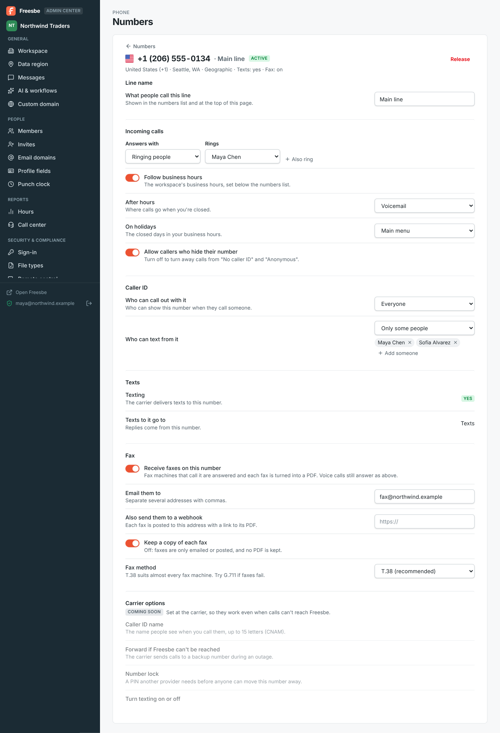 One number’s settings in the Admin Center: its name, incoming calls with business hours, caller ID, texts going to the Texts inbox, fax to an email address, and the carrier options to come