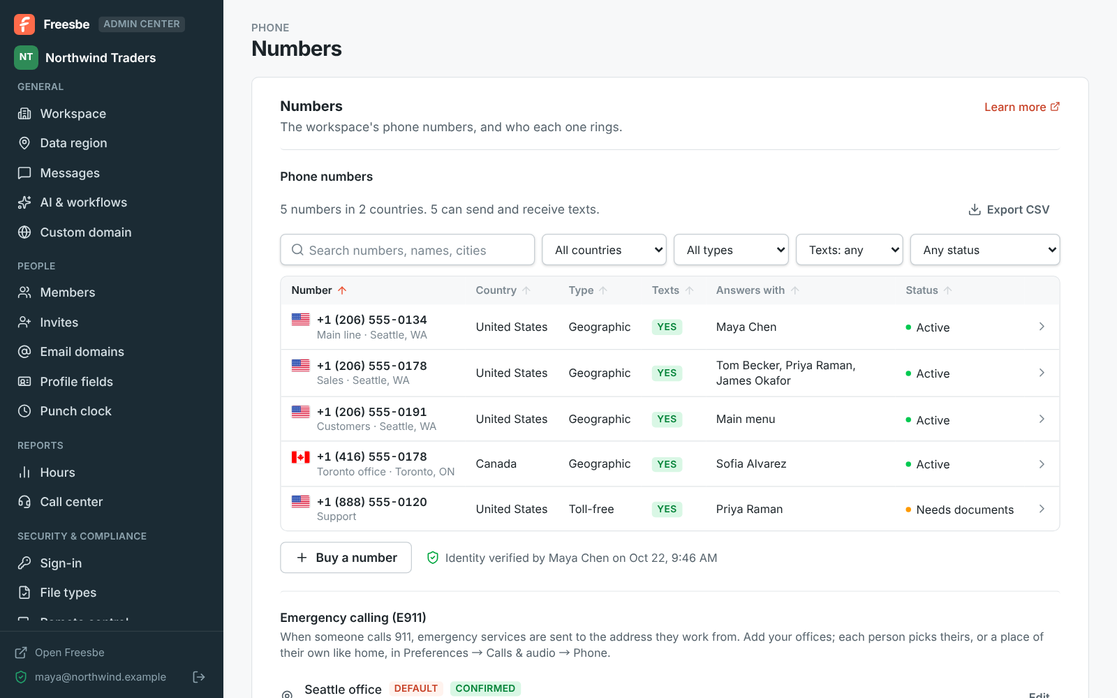 The Admin Center on Phone → Numbers: a table of five numbers with their flags, country, type, texts, what answers each one and status