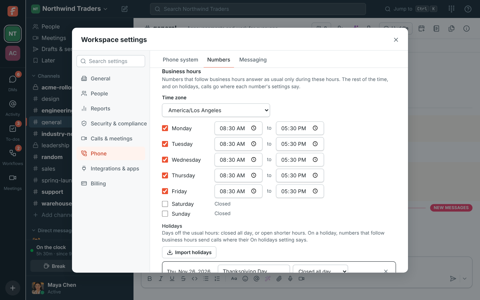 Business hours under Workspace settings, Phone → Numbers: weekdays 8 to 5 Pacific, with two closed days