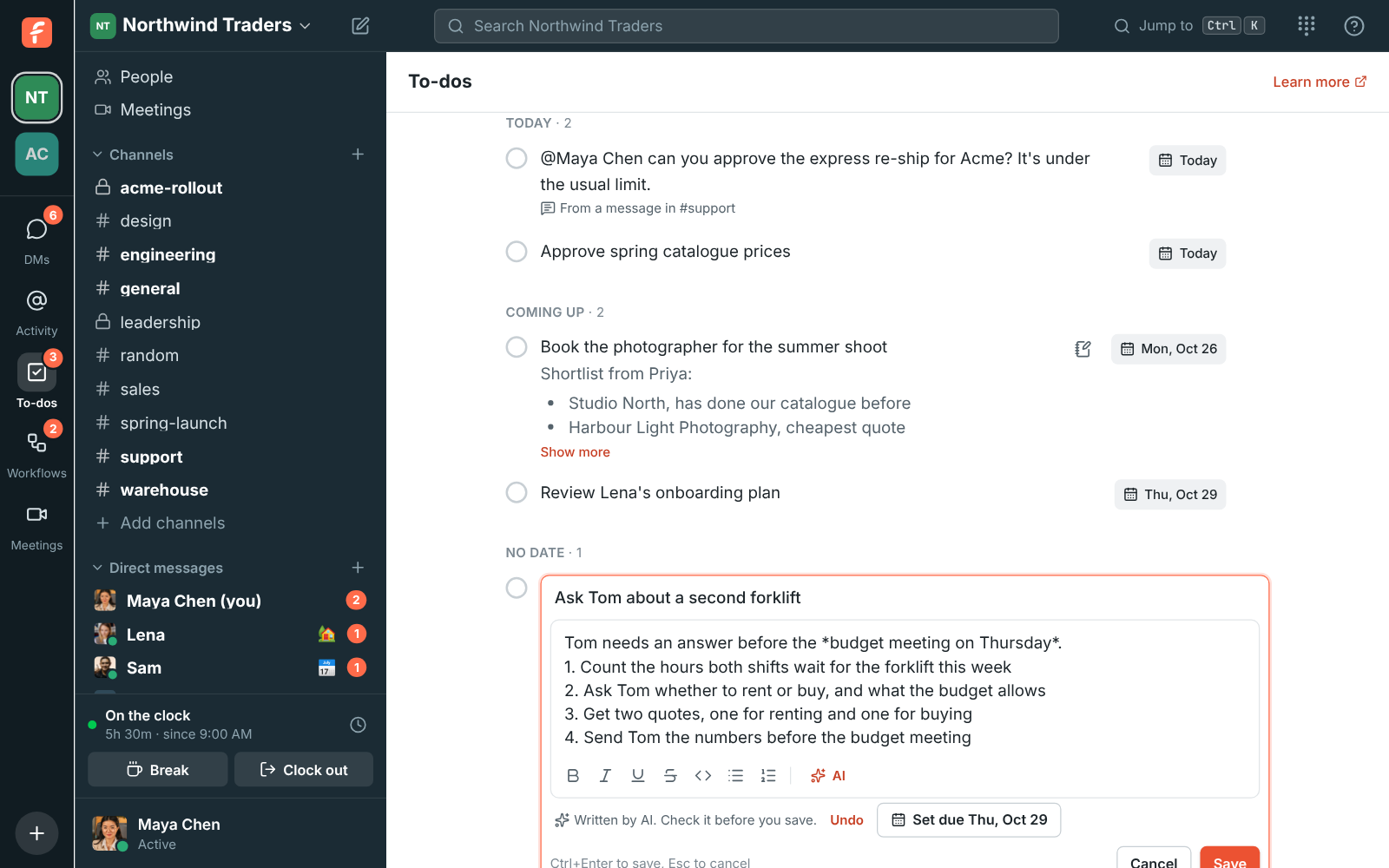 A to-do planned by AI: four numbered steps, Written by AI with Undo, and a Set due Thu, Oct 29 button