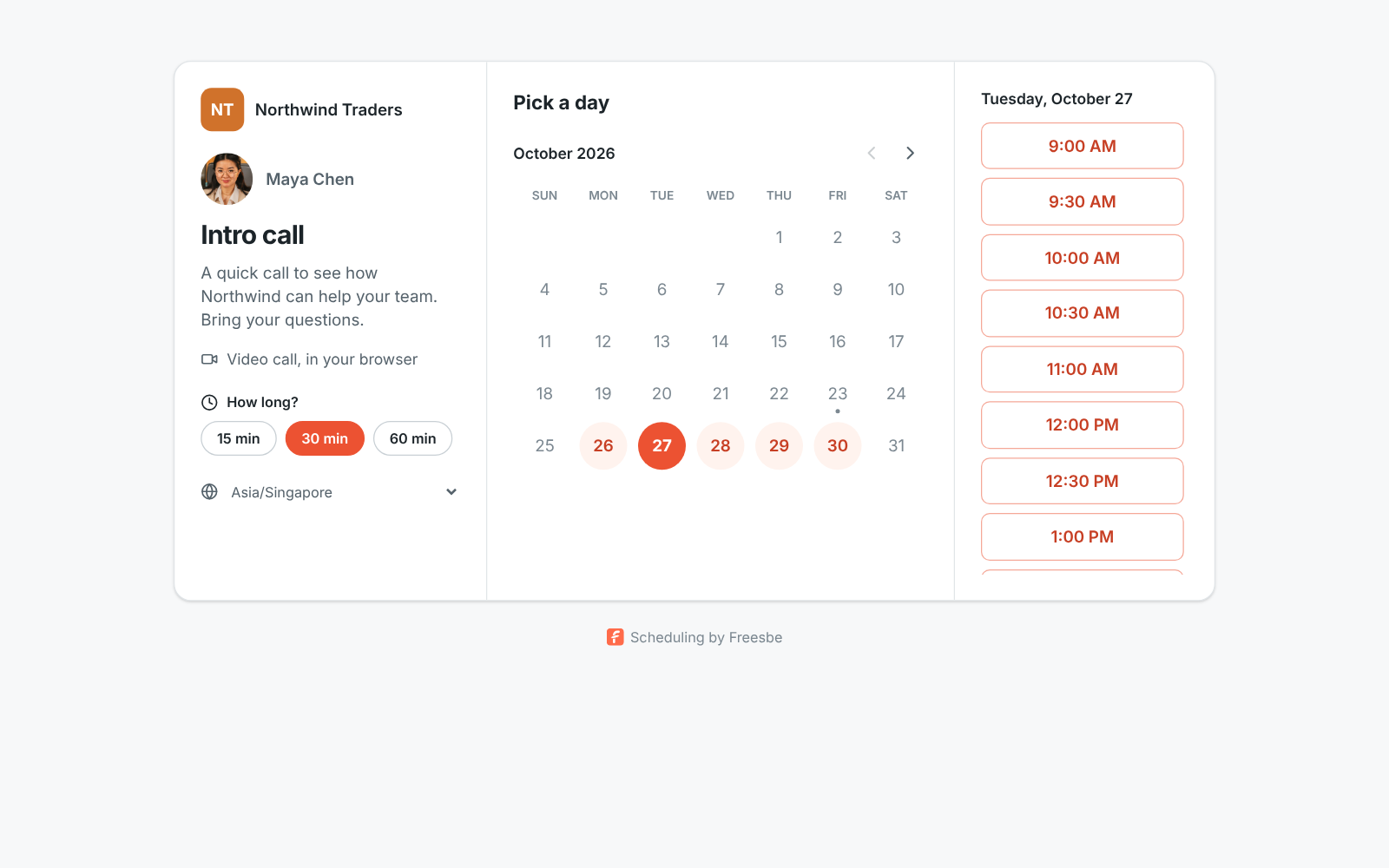 A booking page for an intro call with open time slots