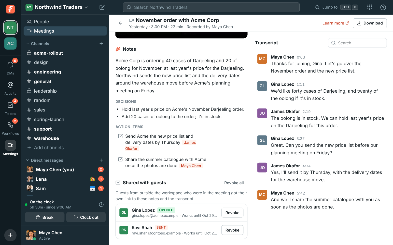 The recording of the November order with Acme Corp: under the notes, Shared outside the workspace lists Gina Lopez (opened), Ravi Shah (sent) and a link for anyone (opened 3 times), with Revoke buttons