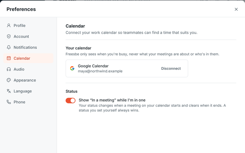 Preferences, Calendar: a connected Google Calendar