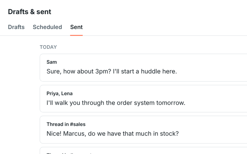 The Sent tab listing recent messages from channels, DMs and threads
